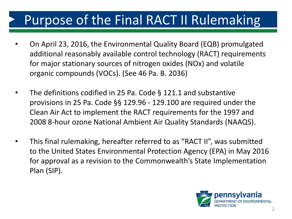 purpose of the final ract ii rulemaking