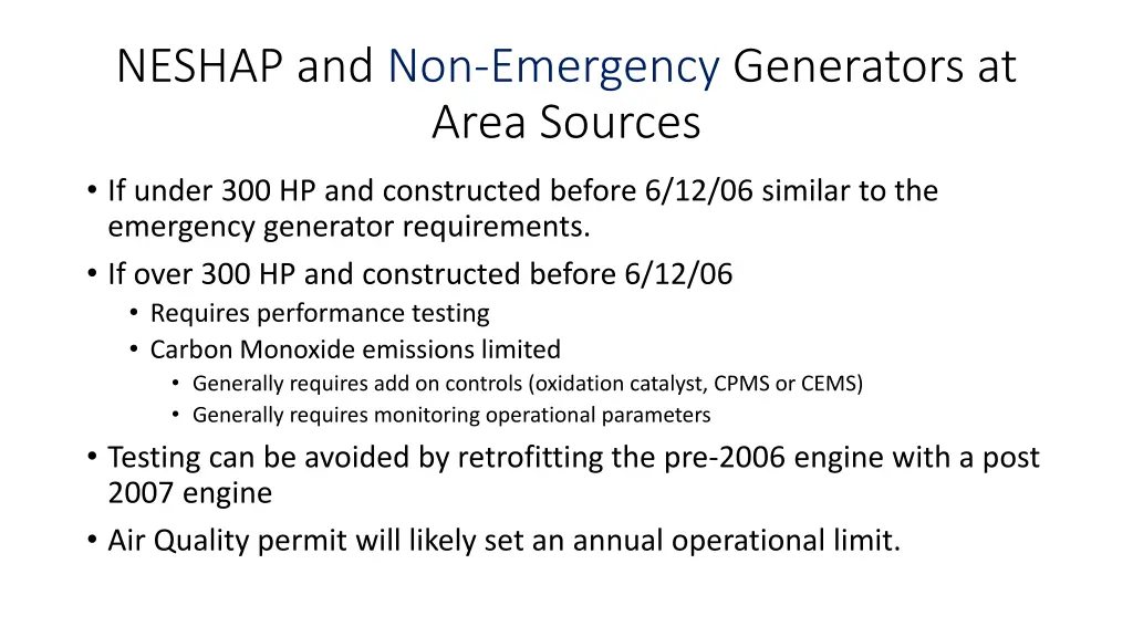 neshap and non emergency generators at area