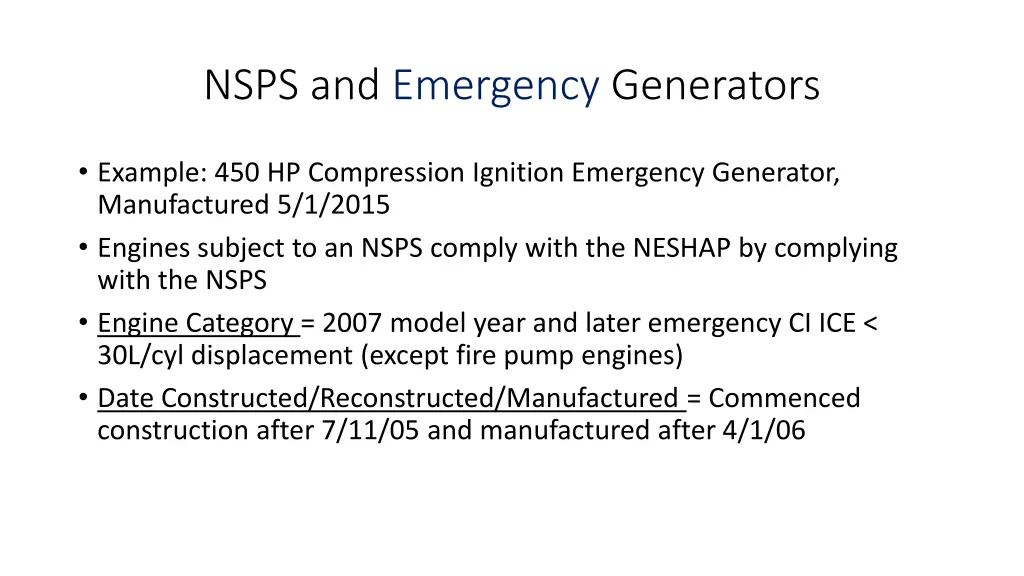 nsps and emergency generators