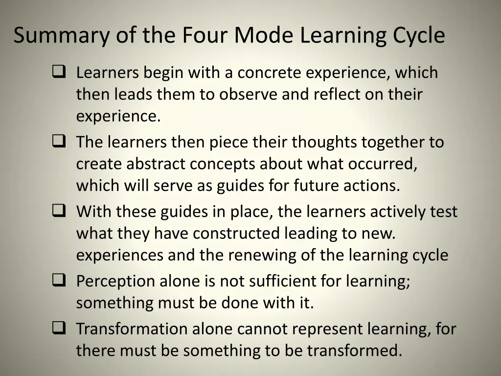 summary of the four mode learning cycle