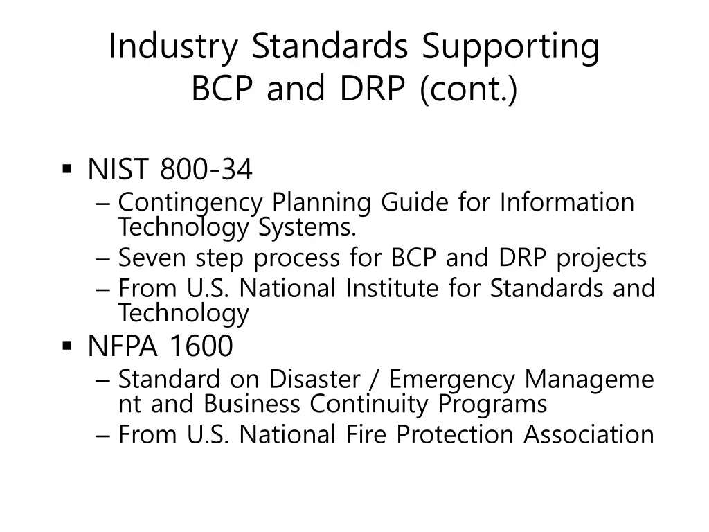 industry standards supporting bcp and drp cont