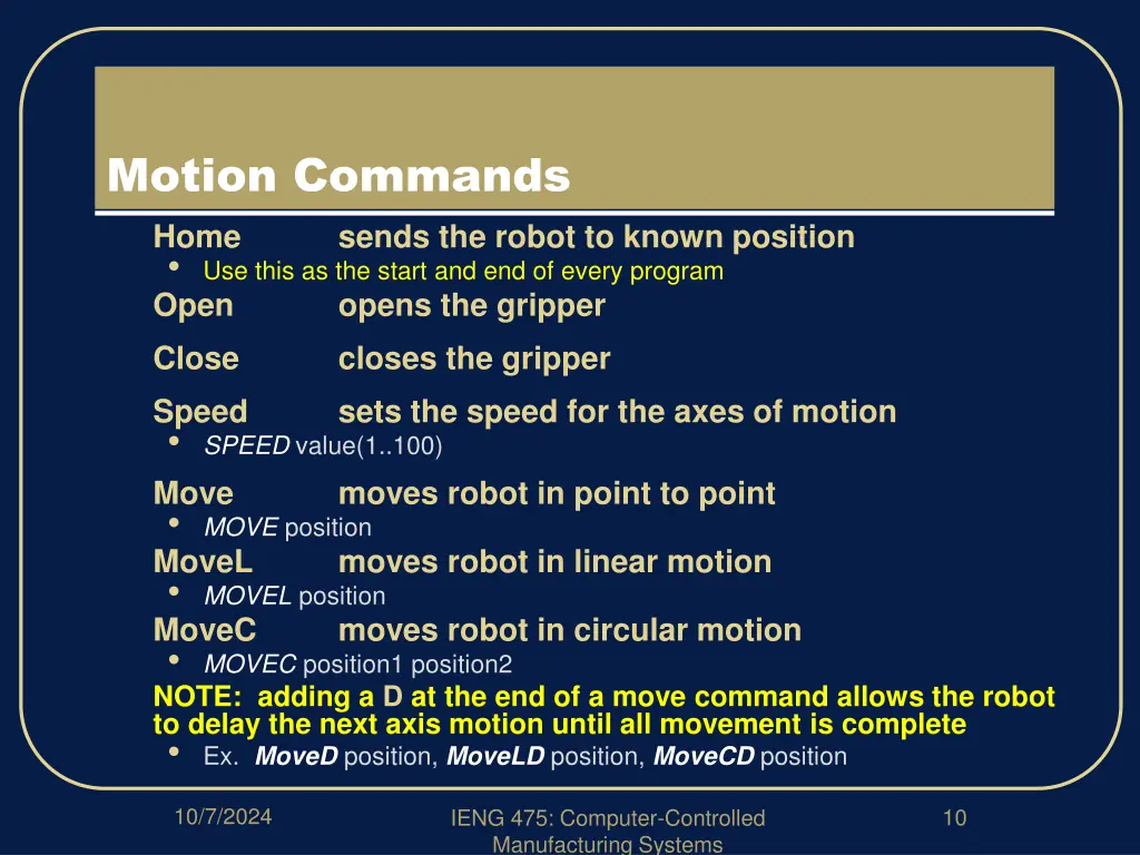 motion commands sends the robot to known position