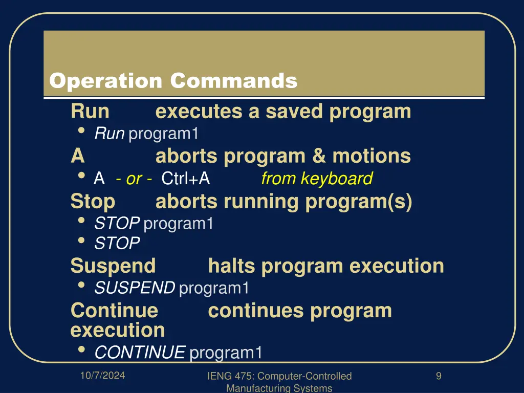 operation commands run executes a saved program