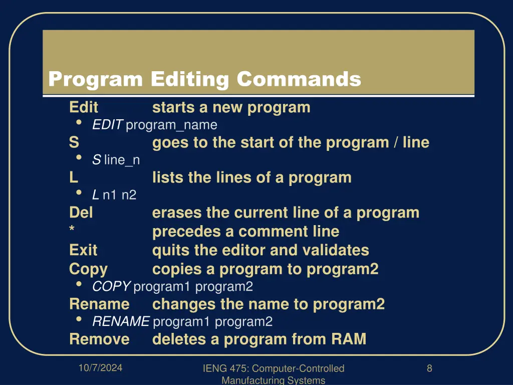 program editing commands edit starts