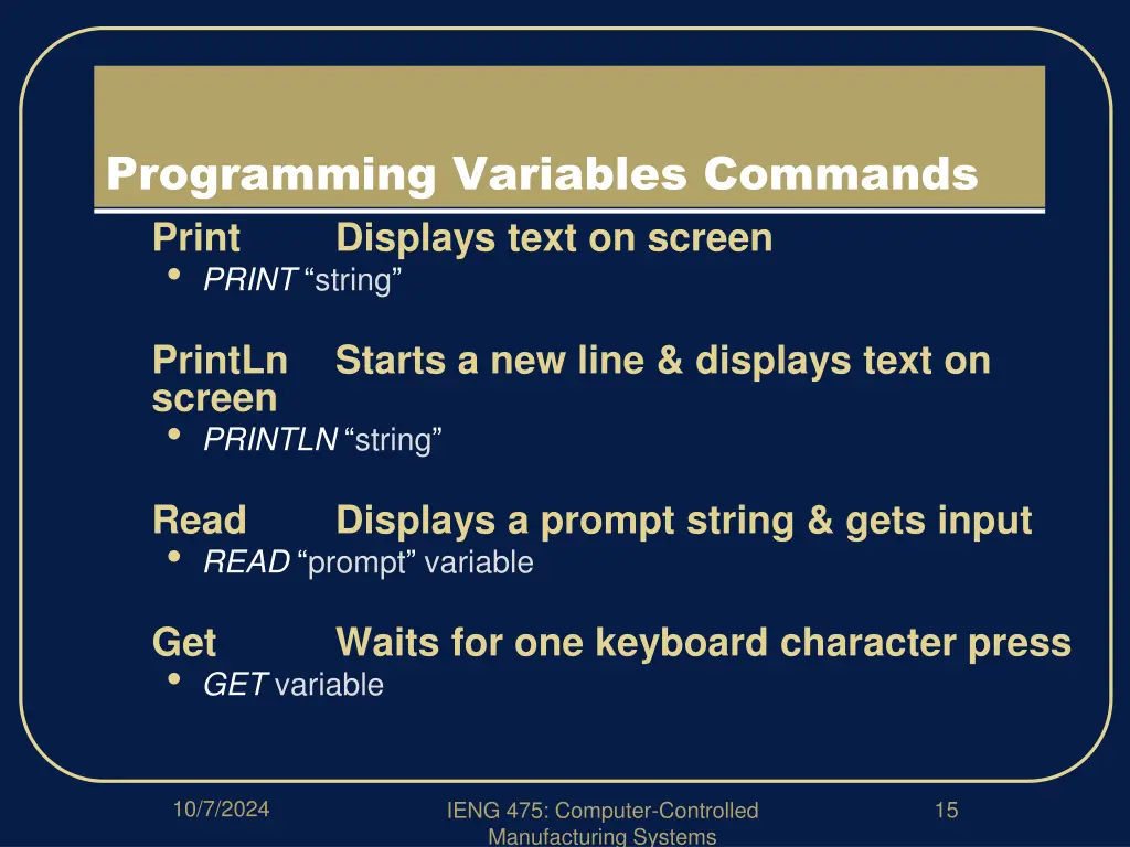 programming variables commands print displays