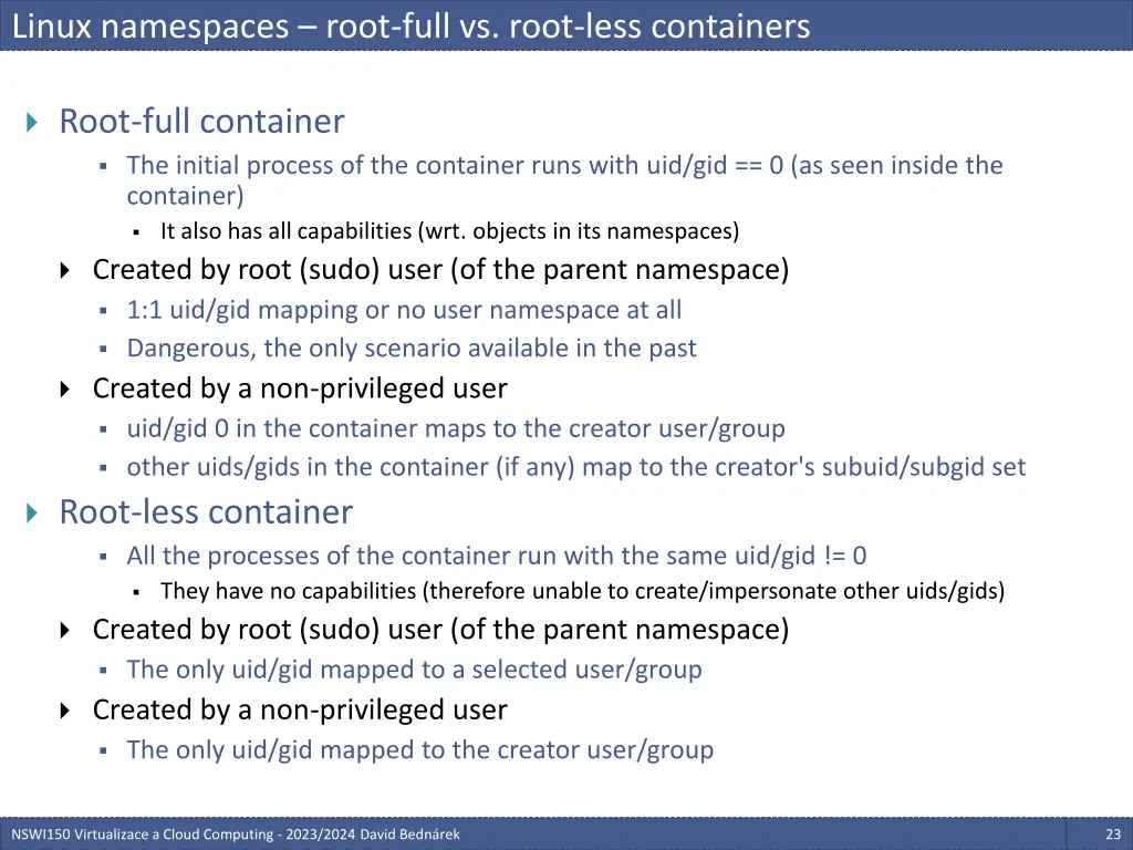 linux namespaces root full vs root less containers