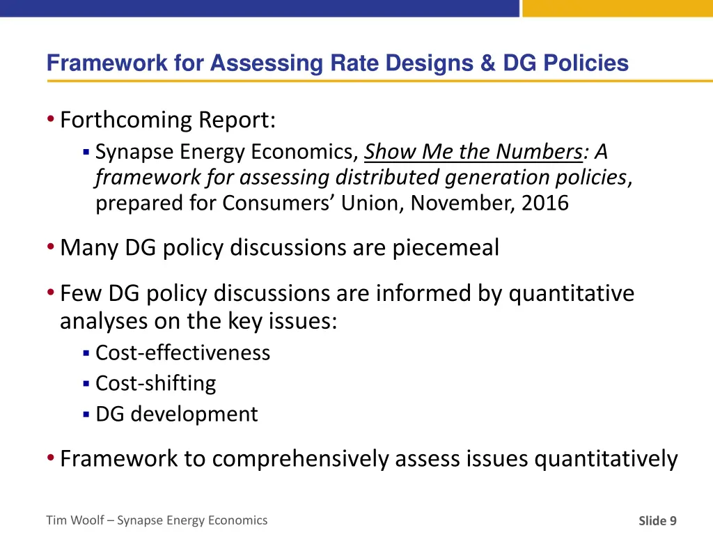 framework for assessing rate designs dg policies