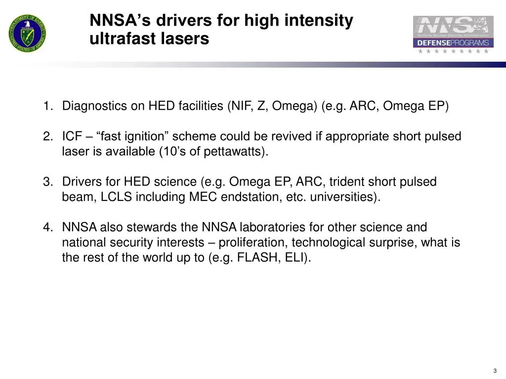 nnsa s drivers for high intensity ultrafast lasers