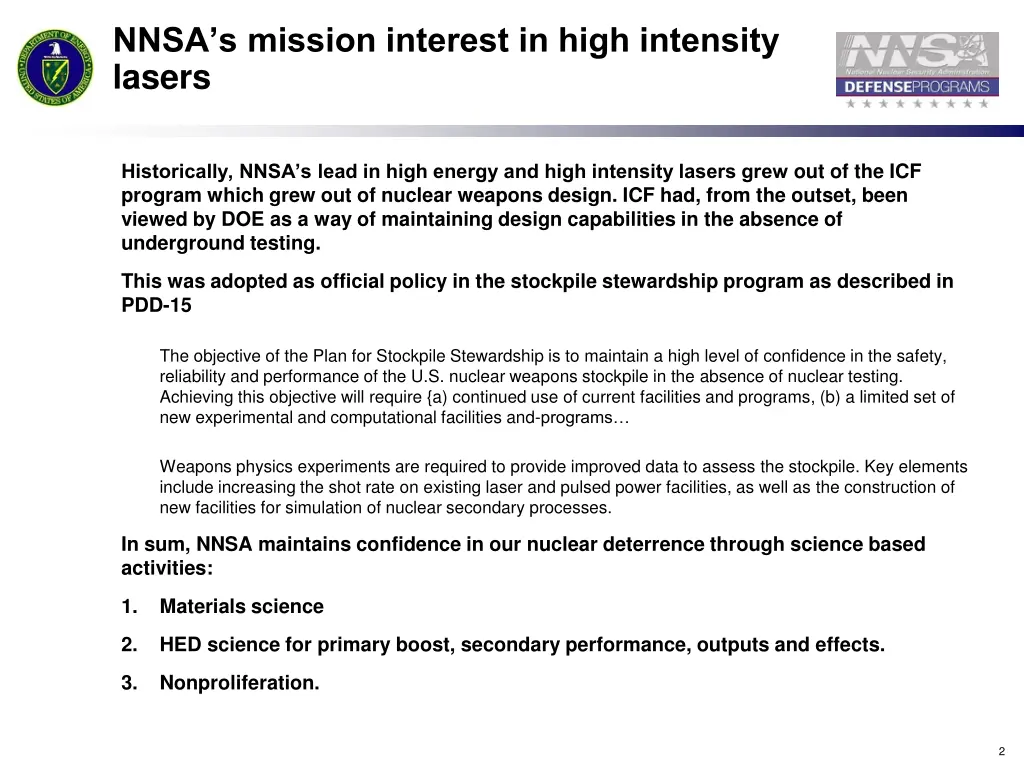 nnsa s mission interest in high intensity lasers