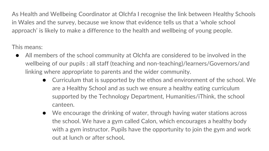 as health and wellbeing coordinator at olchfa