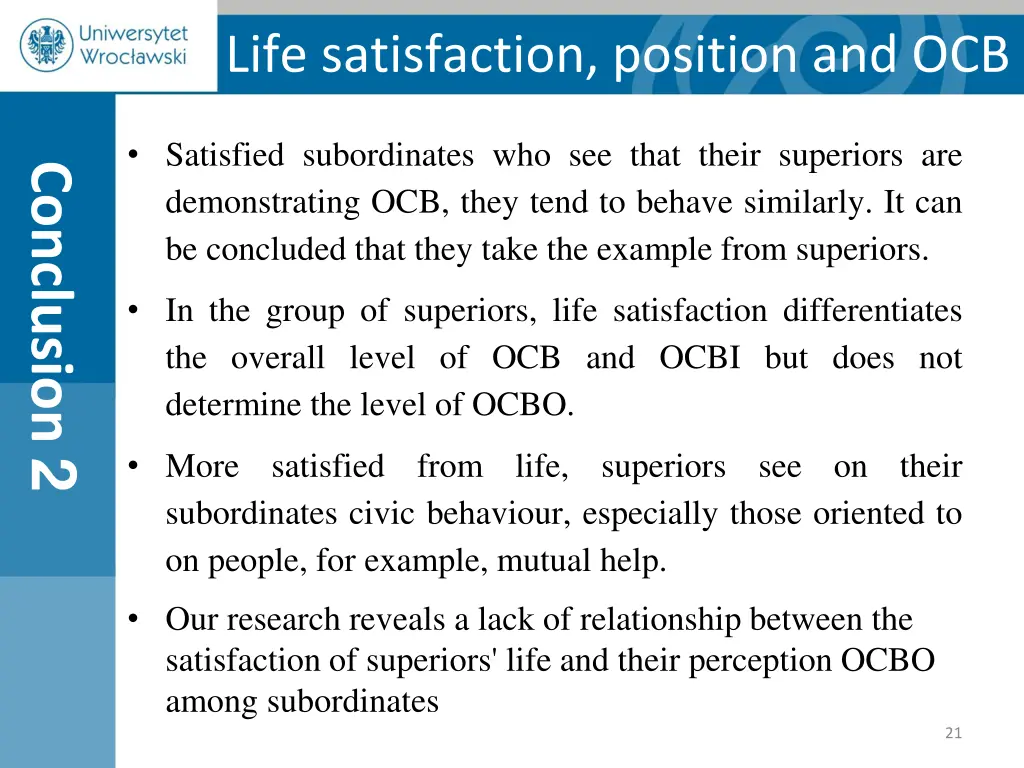 life satisfaction position and ocb