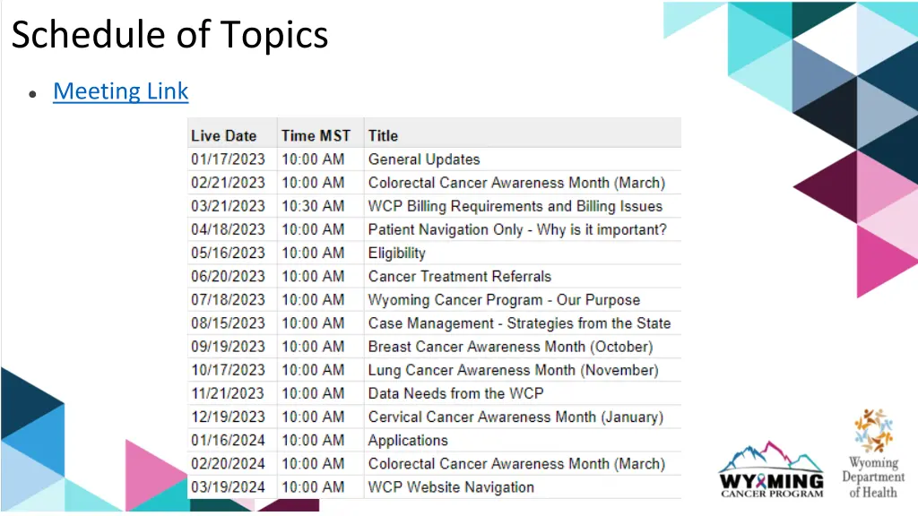 schedule of topics