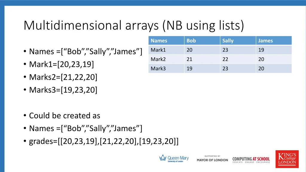 multidimensional arrays nb using lists