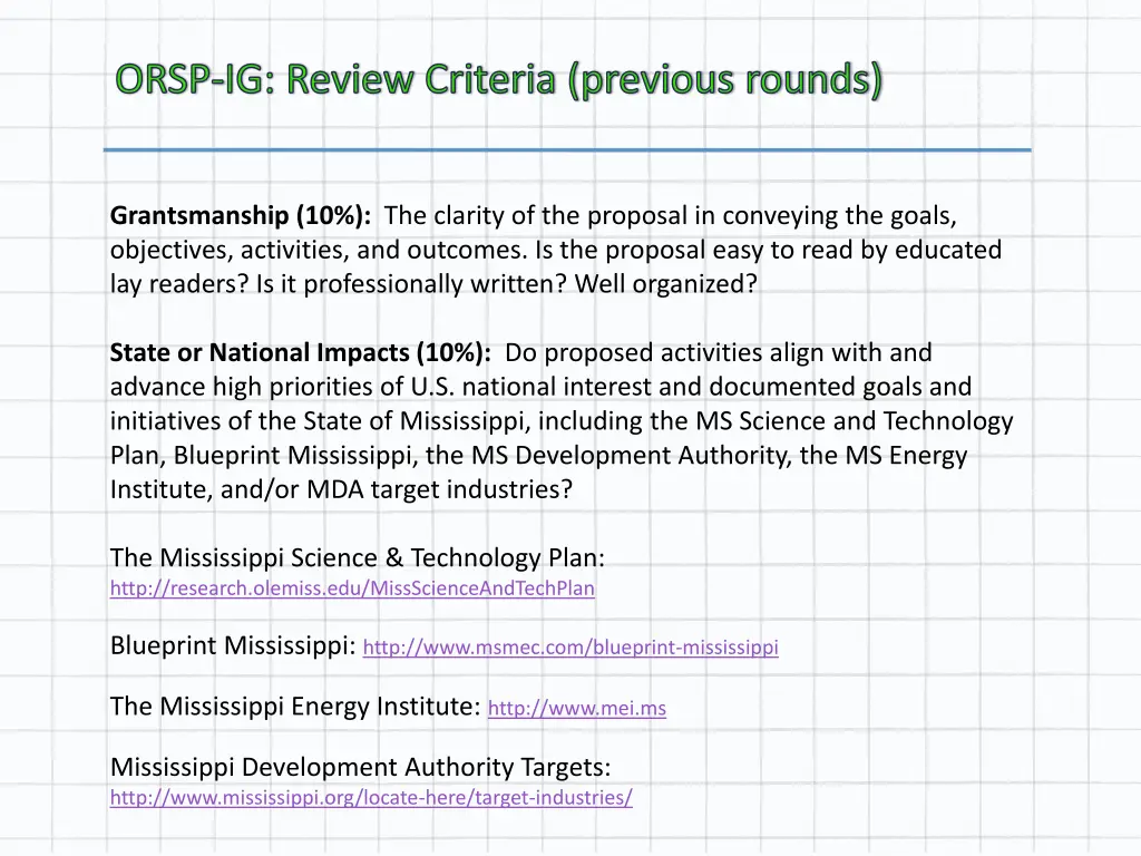 orsp ig review criteria previous rounds 1