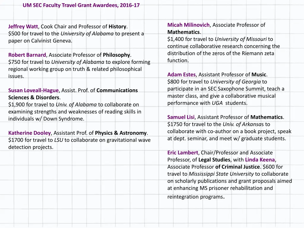 um sec faculty travel grant awardees 2016 17