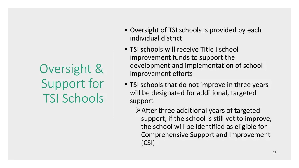 oversight of tsi schools is provided by each