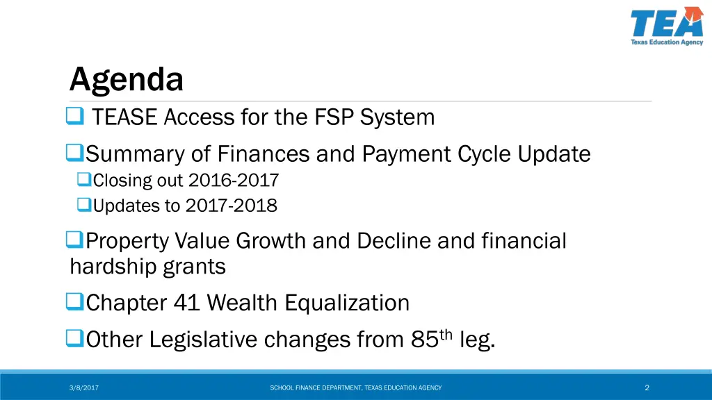 agenda tease access for the fsp system summary