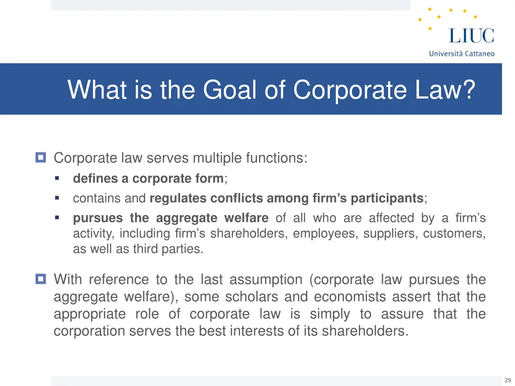 what is the goal of corporate law