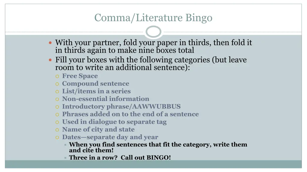 comma literature bingo