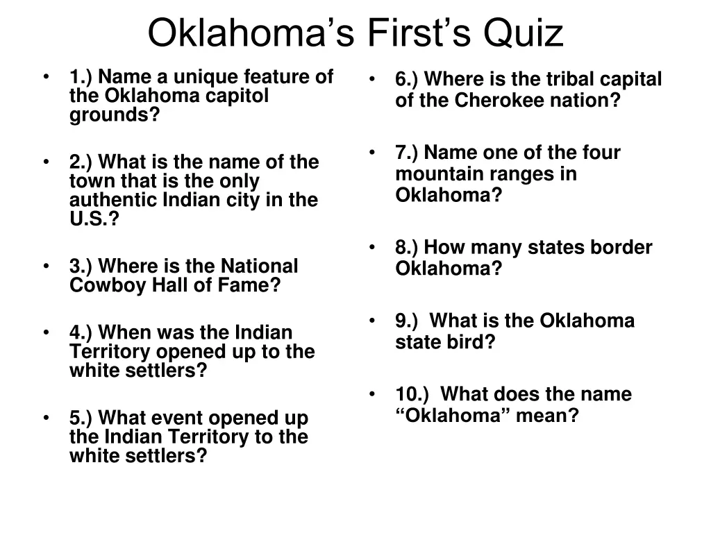 oklahoma s first s quiz 1