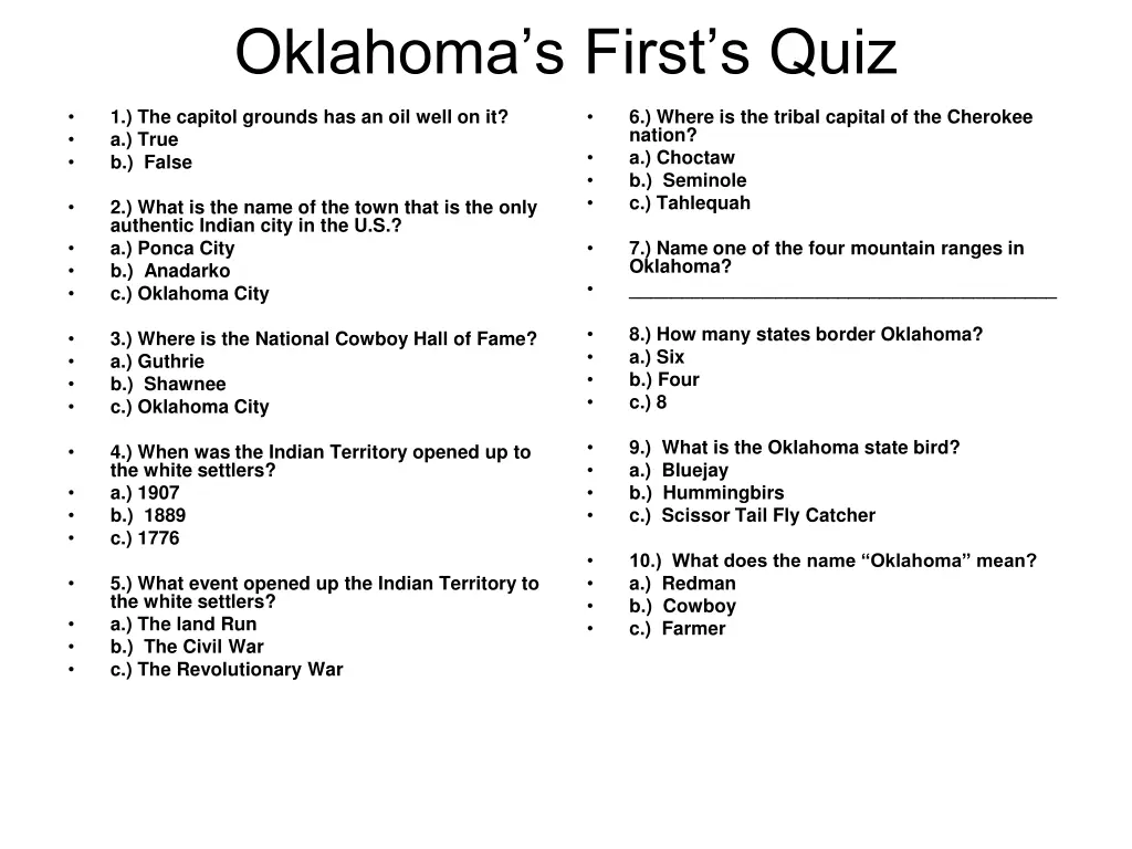 oklahoma s first s quiz