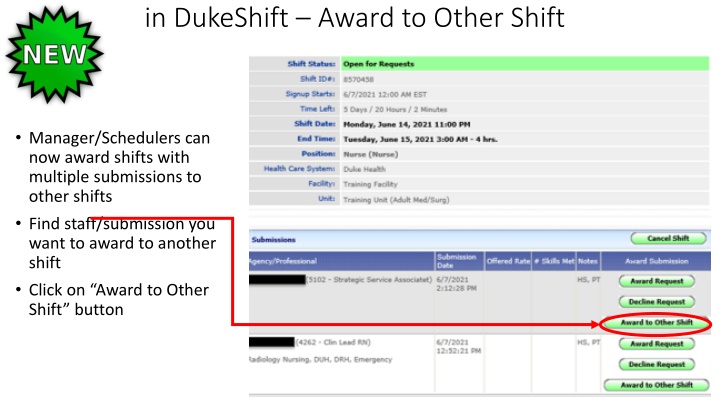 in dukeshift award to other shift