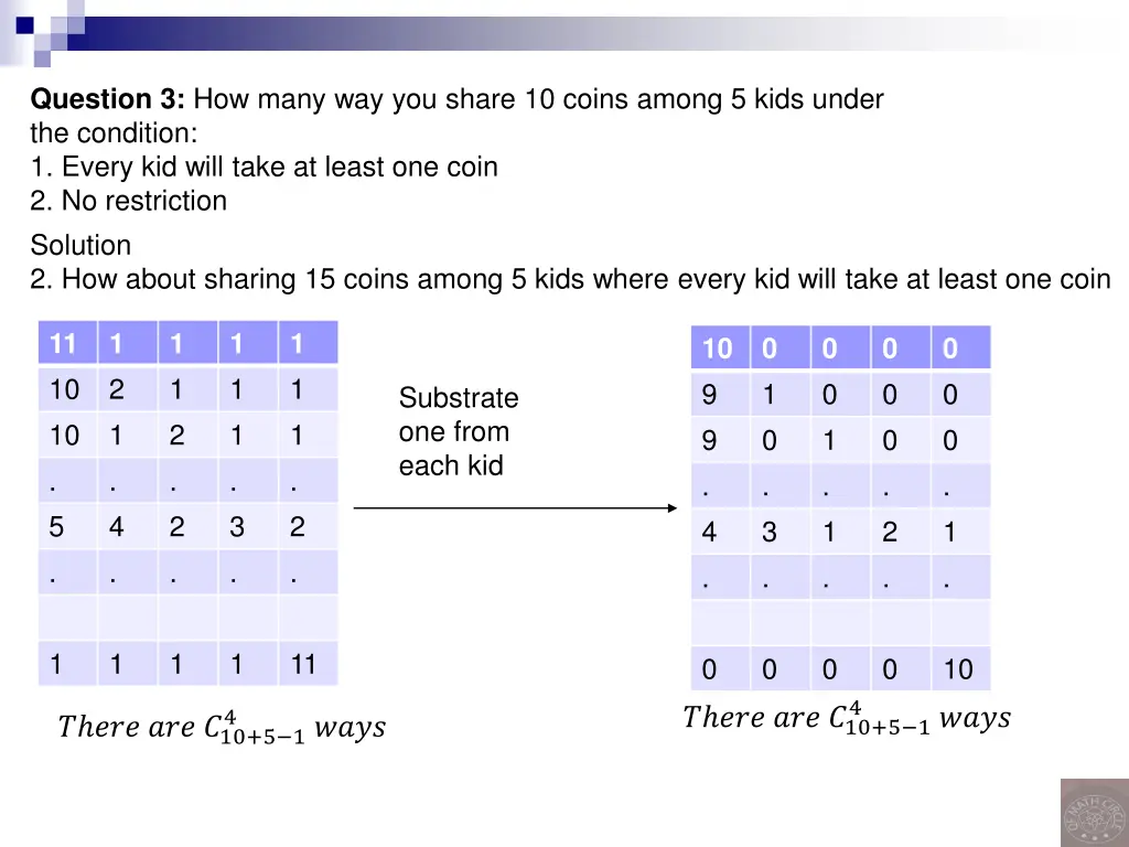 question 3 how many way you share 10 coins among 1