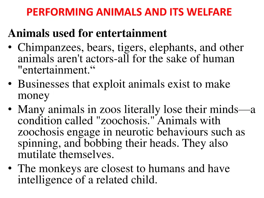 performing animals and its welfare