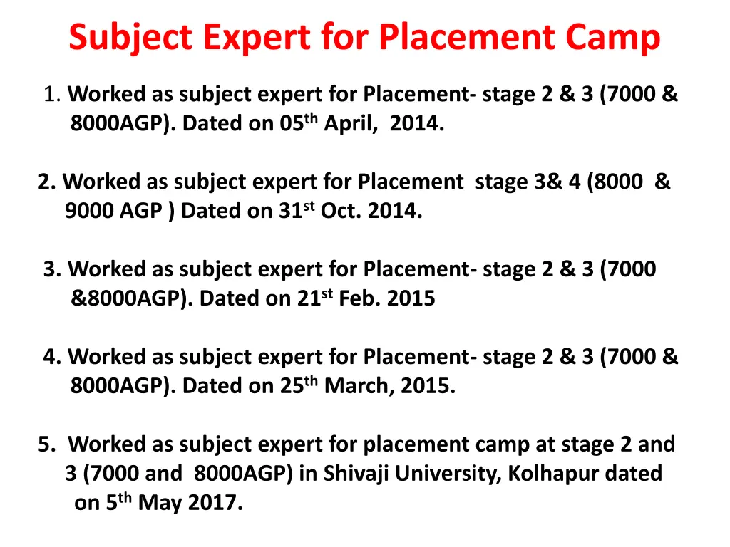 subject expert for placement camp