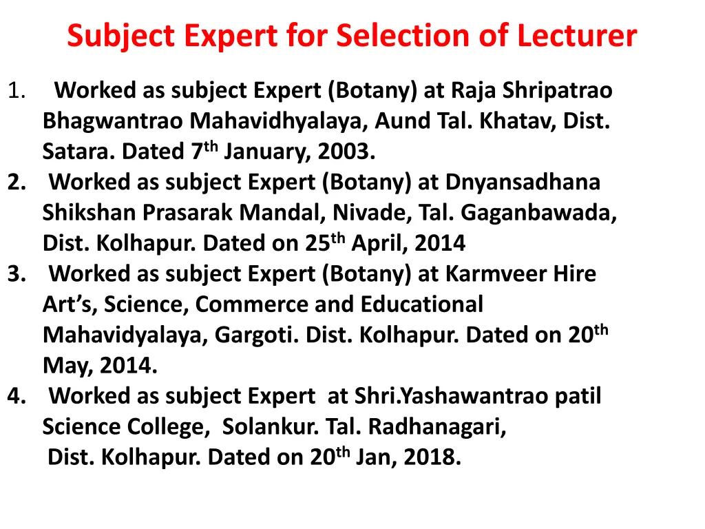 subject expert for selection of lecturer