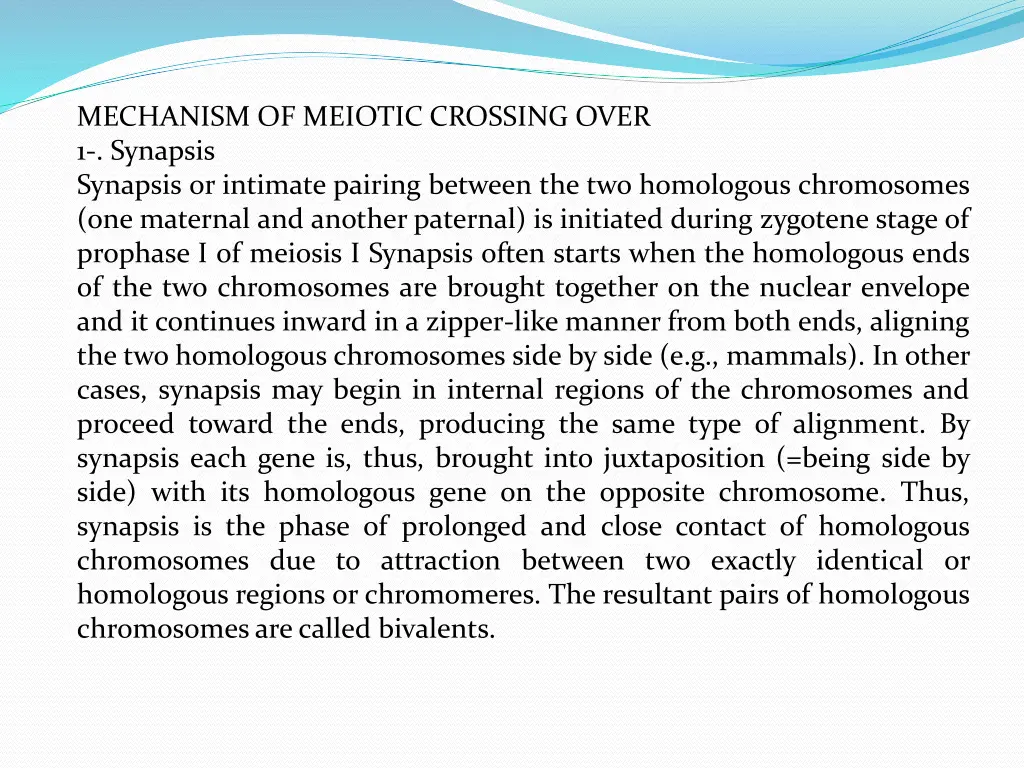 mechanism of meiotic crossing over 1 synapsis