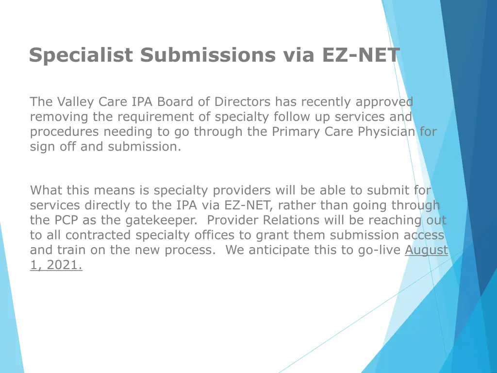 specialist submissions via ez net