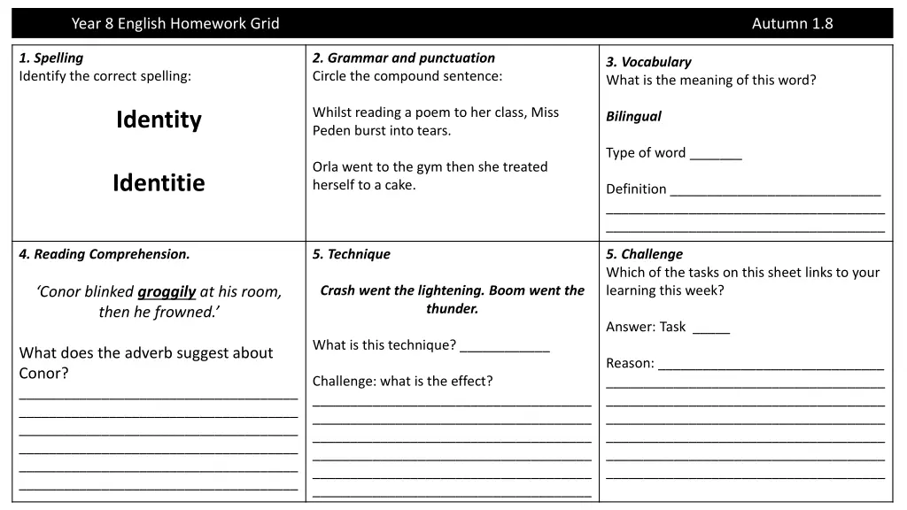 year 8 english homework grid 1