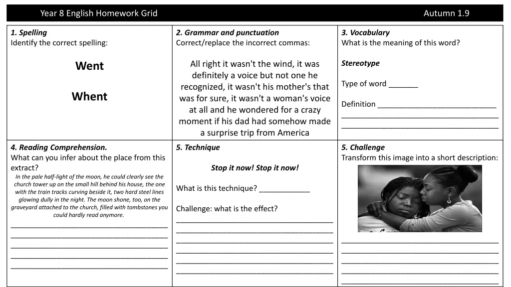 year 8 english homework grid 2