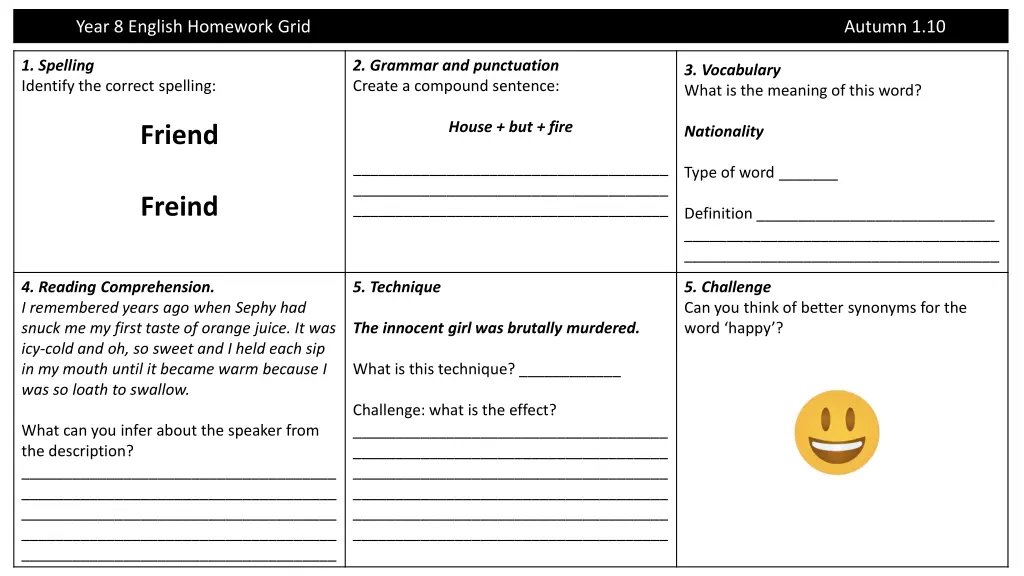 year 8 english homework grid 3