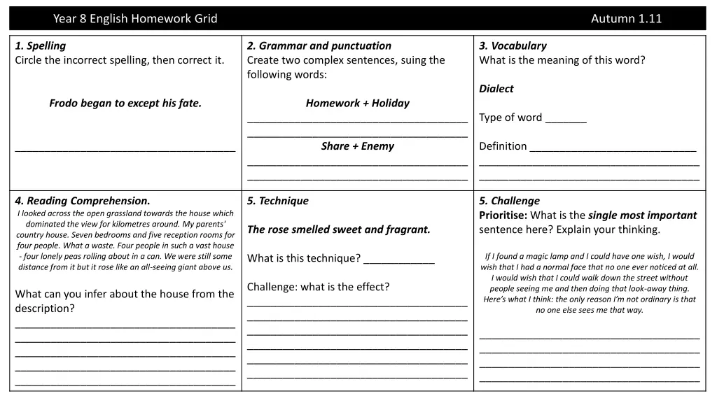 year 8 english homework grid 4