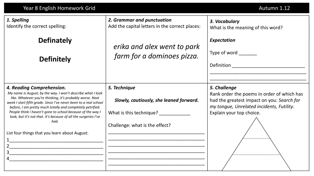 year 8 english homework grid 5