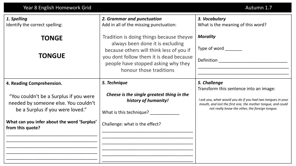 year 8 english homework grid