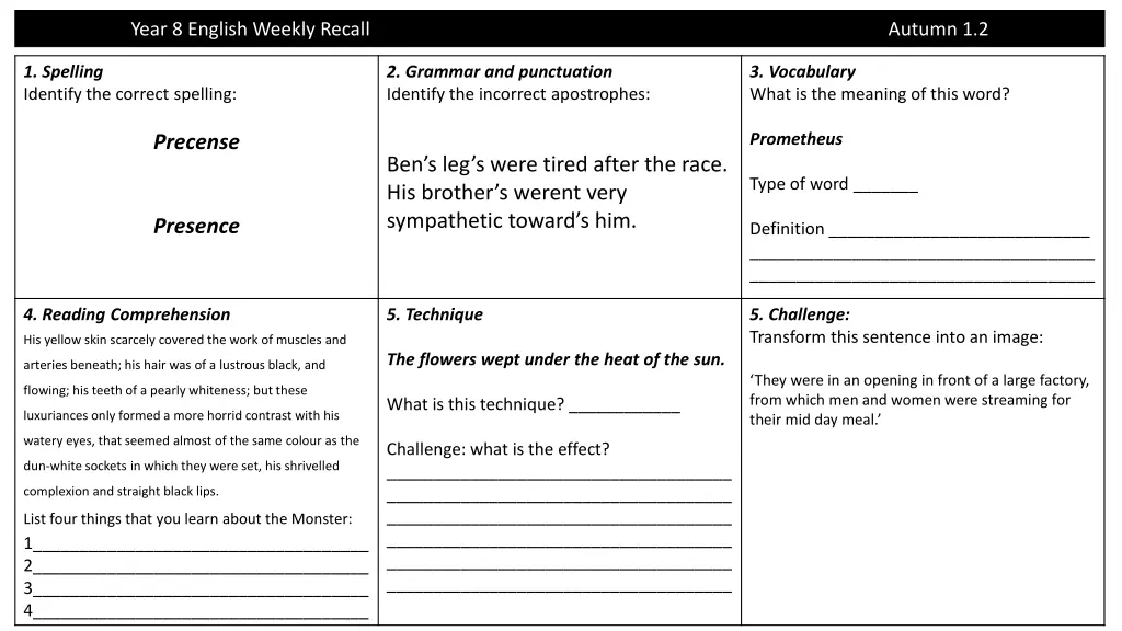 year 8 english weekly recall 1