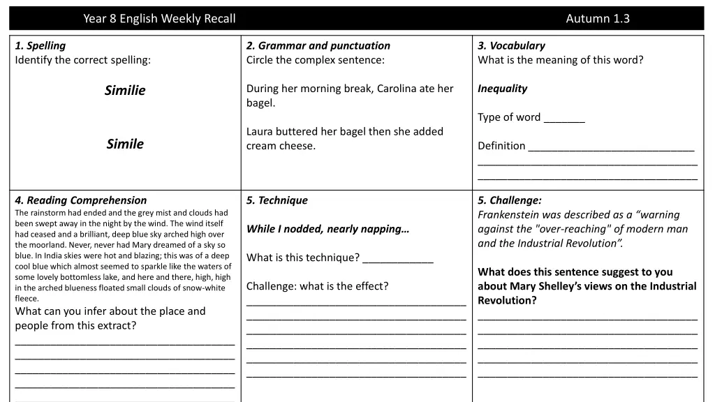 year 8 english weekly recall 2