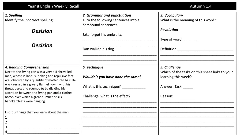 year 8 english weekly recall 3