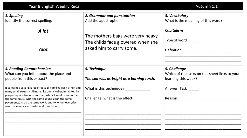 year 8 english weekly recall