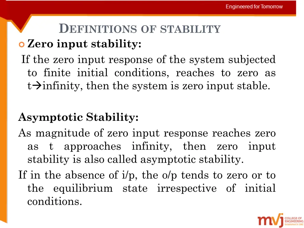 d efinitions of stability zero input stability