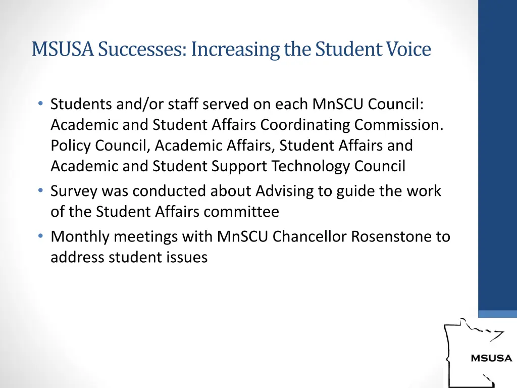 msusa successes increasing the student voice 1