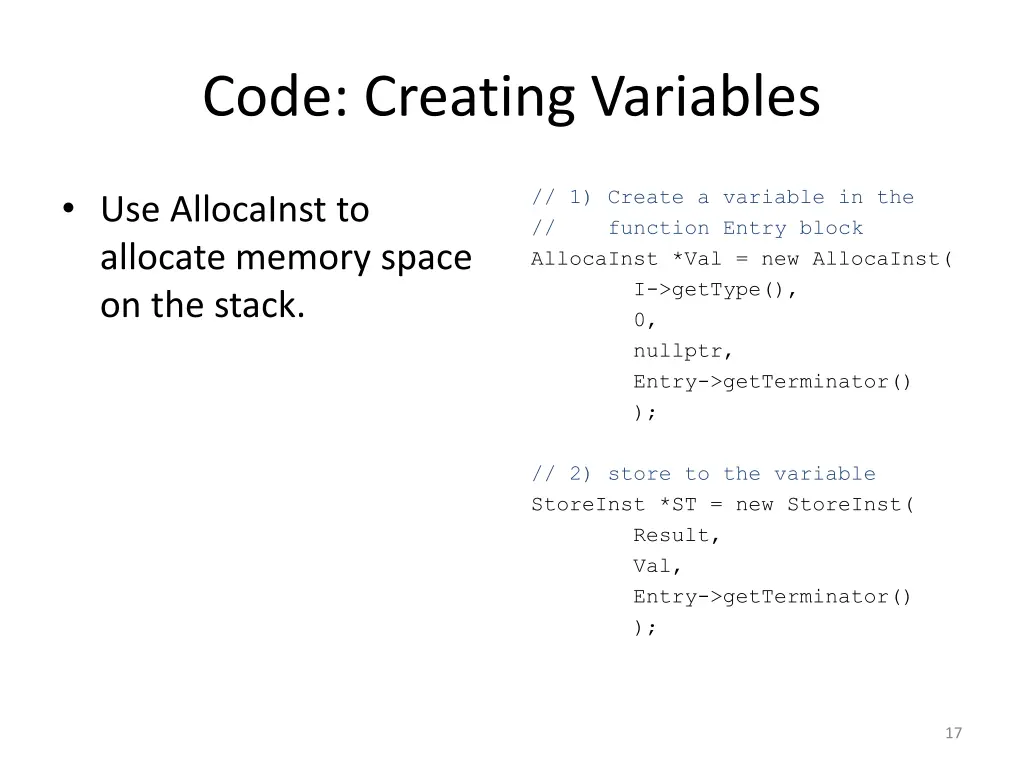 code creating variables