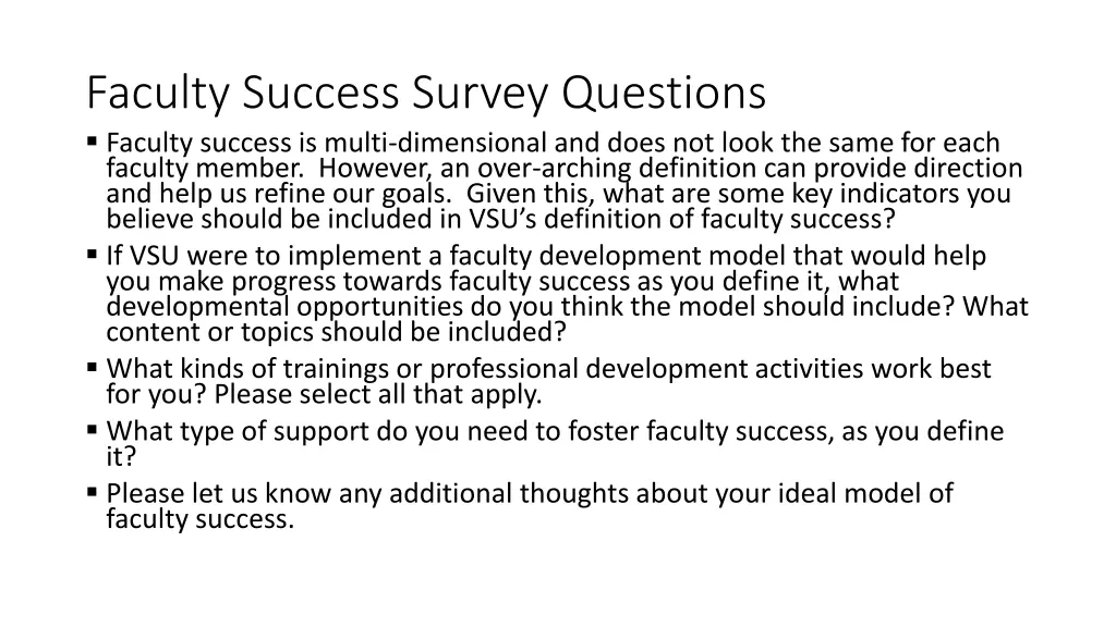 faculty success survey questions faculty success