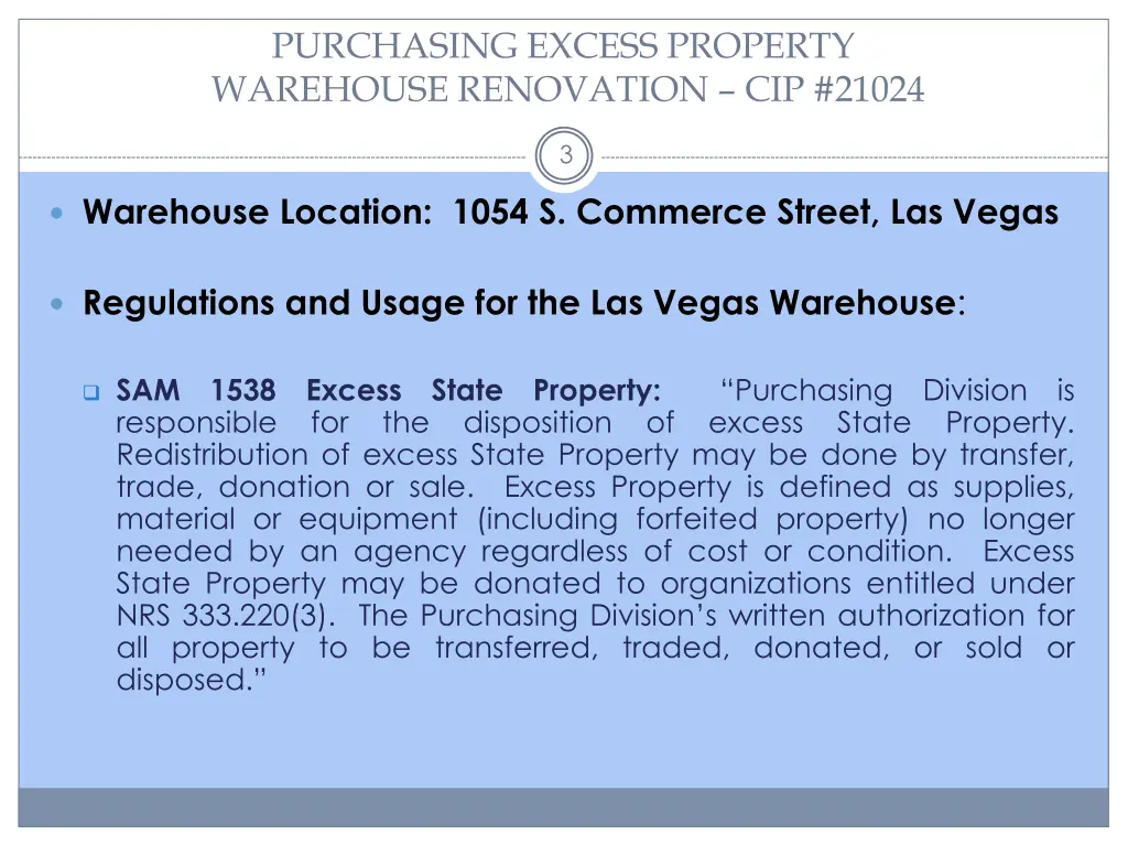 purchasing excess property warehouse renovation