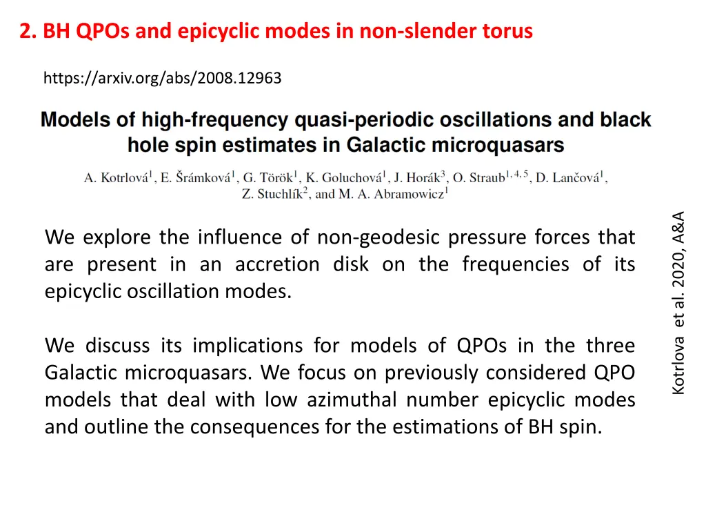 2 bh qpos and epicyclic modes in non slender torus