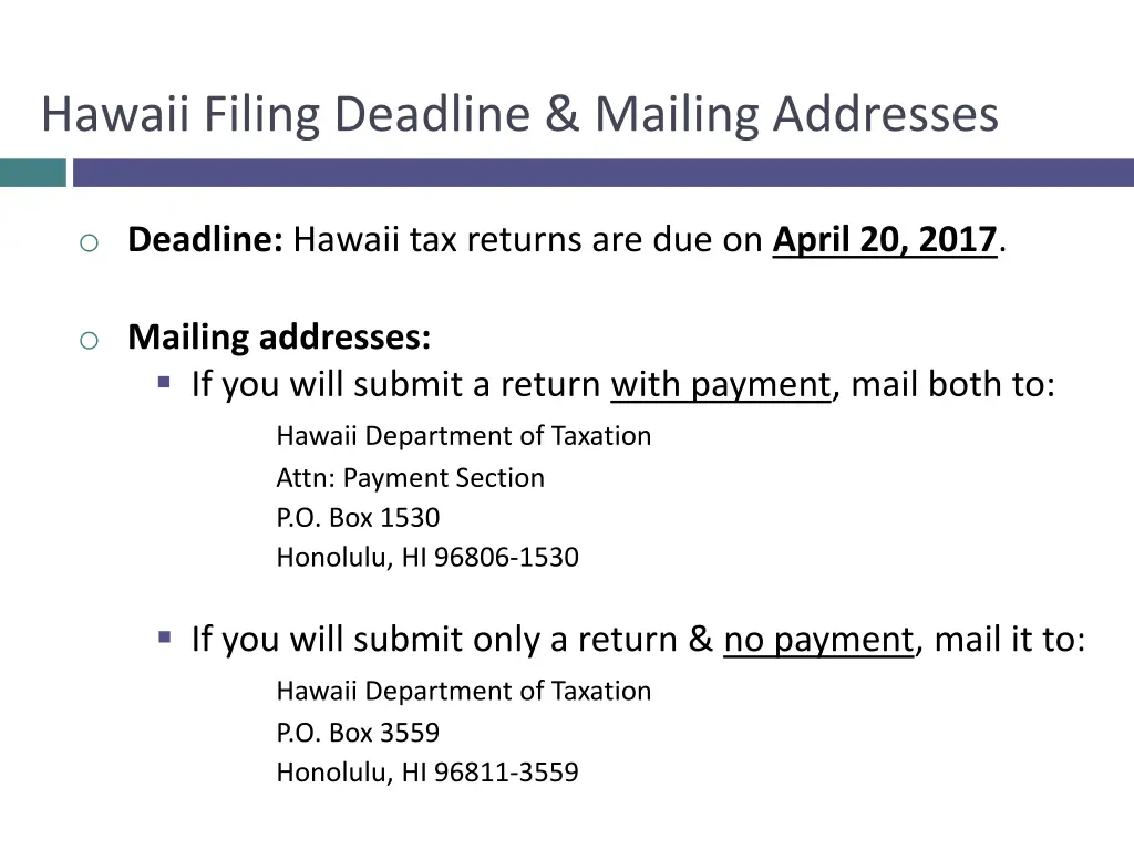 hawaii filing deadline mailing addresses