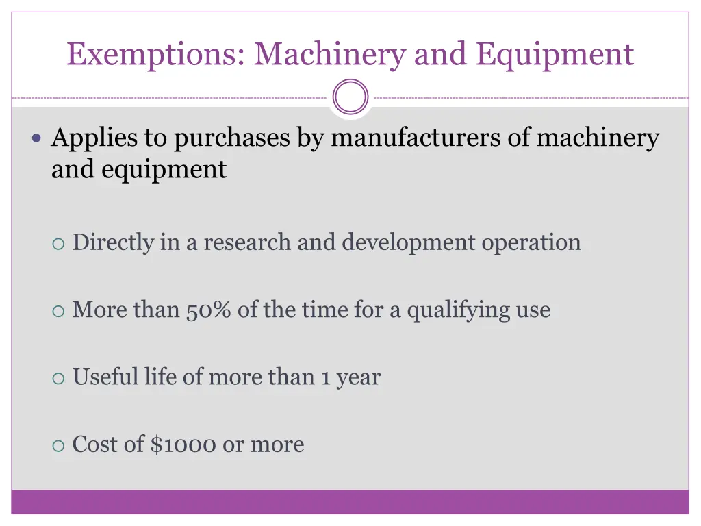 exemptions machinery and equipment